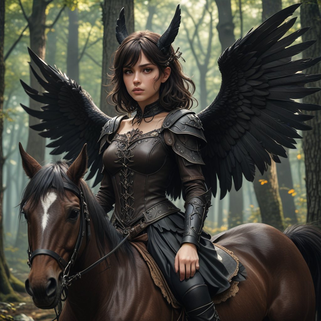 a_fae_girl_with_sharp_ears_short_dark_brown_hair_brown_eyes_black_wings_in_the_woods_on_a_horse_with_f57b2ea9-6142-4d5c-b739-863781882f42